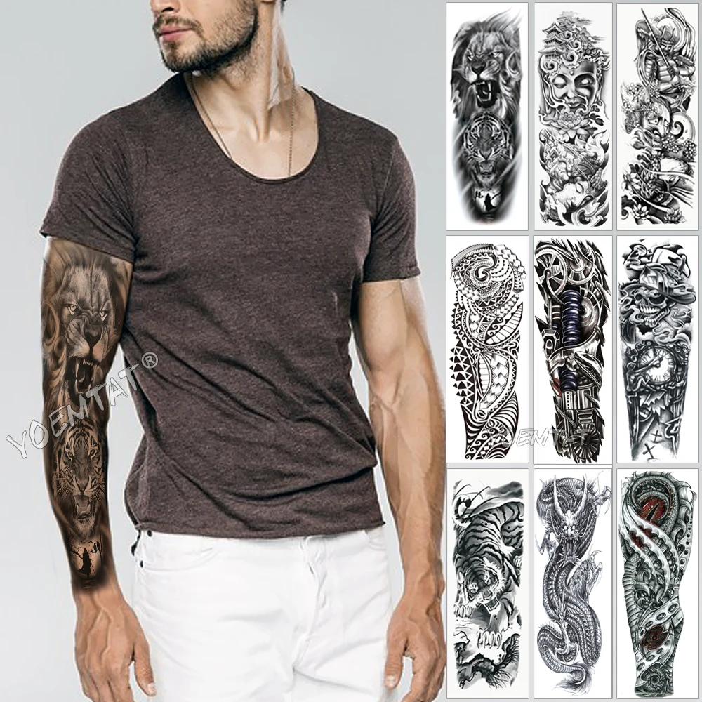 Large Arm Sleeve Tattoo Sketch Lion Tiger Waterproof Temporary Tattoo Sticker Wild Fierce Animal Men Full Bird Totem Tattoo