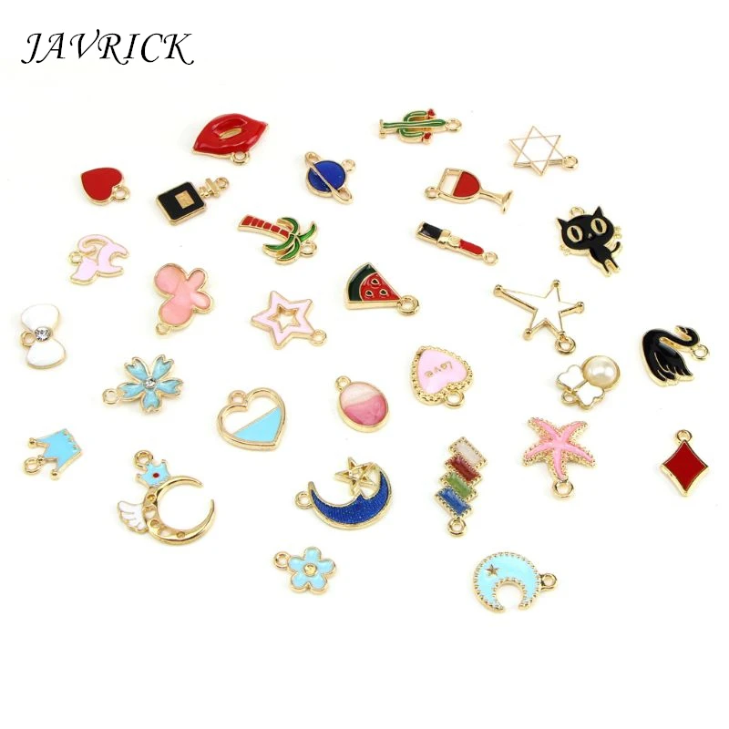 

30Pcs Mixed Enamel Charms Collection Swan Moon Star Cat Pendant Jewelry Making