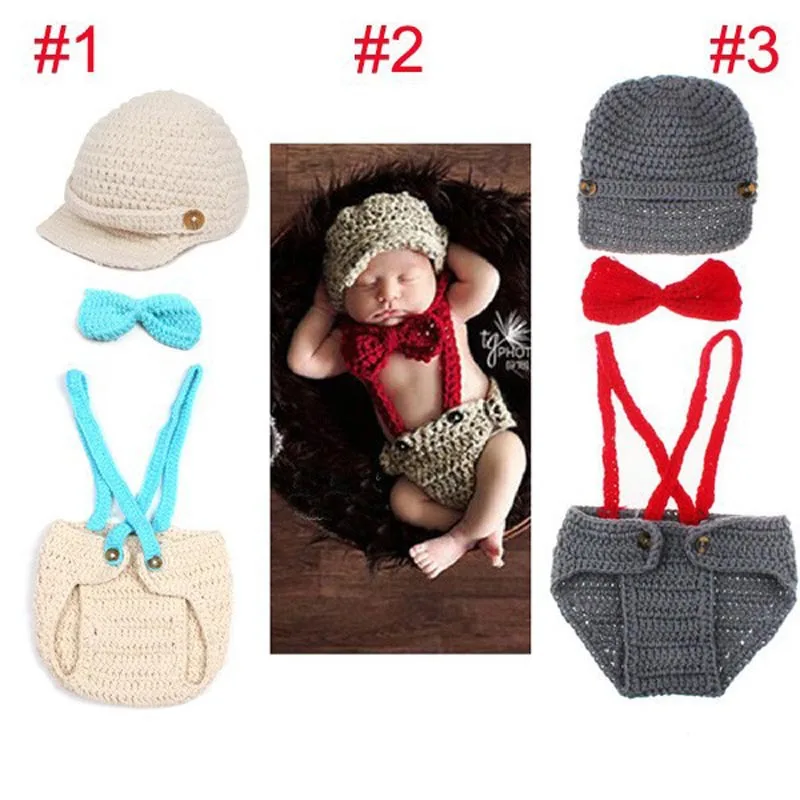 

Little Gentleman Outfit Knitted Baby Beanie Hat with Suspenders Bow Tie Set Boy Newborn Photography Props Hat 1set H194