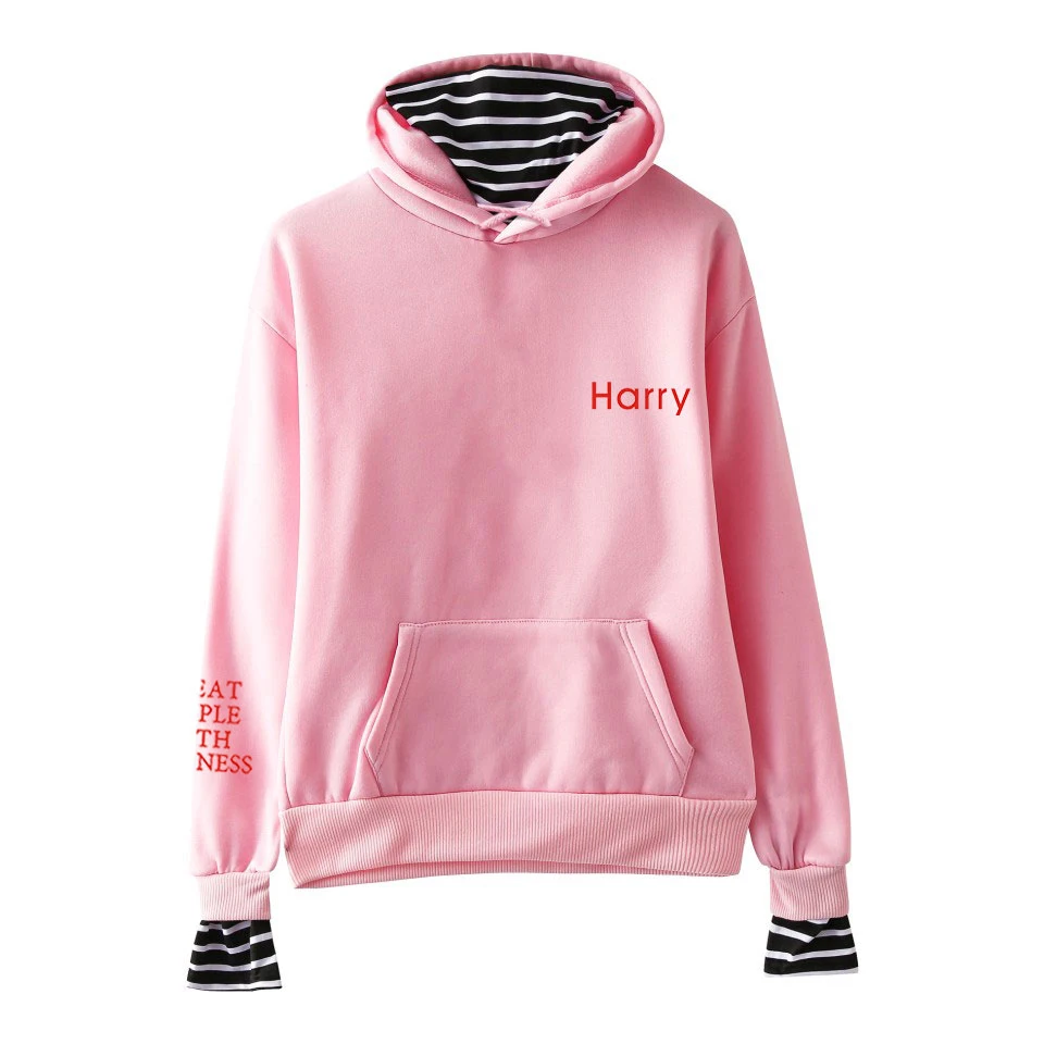  LUCKYFRIDAYF Harry Styles Treat People With Kindness Printed Fake Two Piece Hoodies Women Fashion C