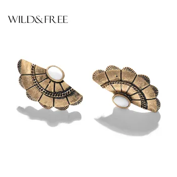 

Vintage Semicircle Stud Statement Earrings Jewelry for Women Natural Shell Antique Gold Bohemia Sector Fashion Earrings