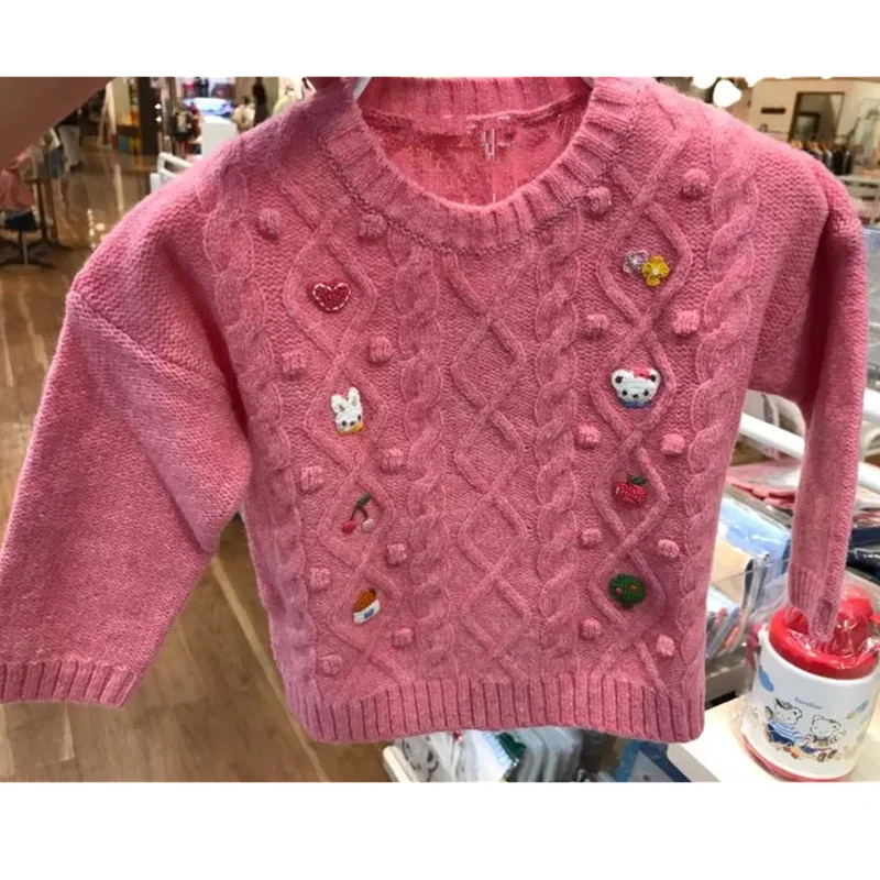 

2018 In Stock Kids Wool Sweater Embroidery Bear Pattern Baby Pullover Pink Color Baby Girls Sweater