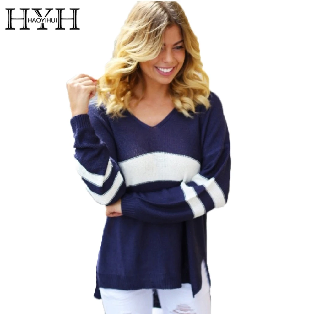 HYH HAOYIHUI Color Block Basic Women Sweater V-neck Long Sleeve Basic Pullover Elegant Street Style Ladies Autumn Jumper