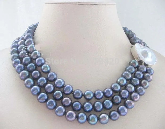 

~~ W&O658>>17-19" 3row 10mm black round freshwater pearl necklace-925 silver Mabe blister
