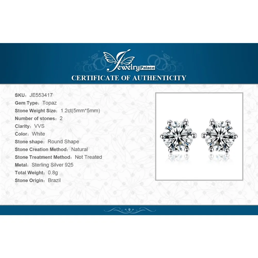 Jewelrypalace высокое качество натуральный белый топаз круглый камень Серьги 925