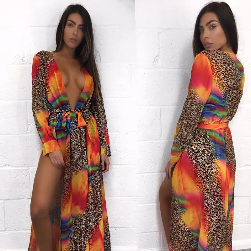 

Summer Women Sexy Beach Long Dress Swimwear Cover Up Ruffles Long Sleeve Leopard Print Bathing Beachwear