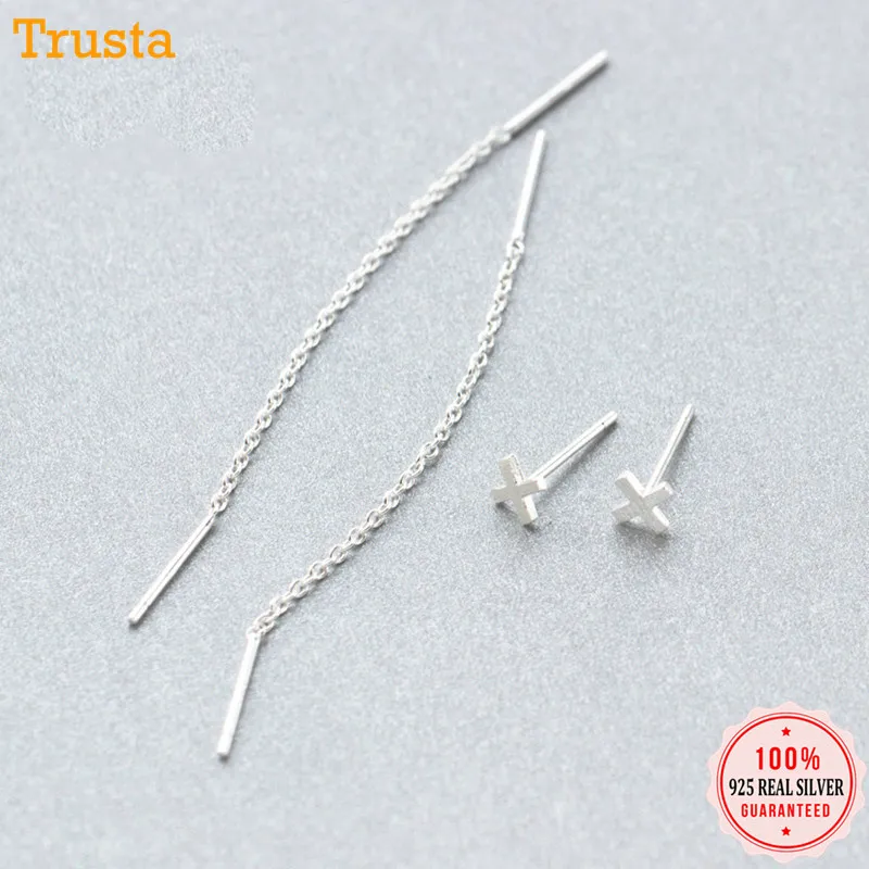 

Trusta 100% 925 Sterling Silver Earrings Jewelry Ear Line Linked Stick/Fashion Cross Stud Earring Teen Girls Women DS1281