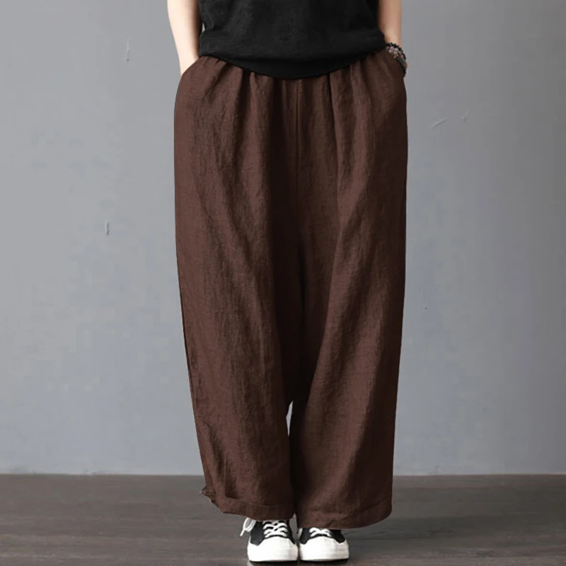 S-5XL Women New Loose Long Pants Cotton Linen Solid Wide Leg Pants With Pockets Ladies Casual Summer Autumn Baggy Trousers 2018