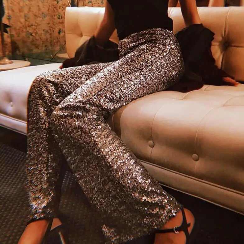 Black Gold Sequin Trousers Women Sparkle Metallic Maxi Ladies Silver High Waist Long Wide Leg PantsClub Wear Stage Dance YFL-085 Black Gold Sequin Trousers Women Sparkle Metallic Maxi Ladies Silver High Waist Long Wide Leg PantsClub Wear Stage Dance YFL-085