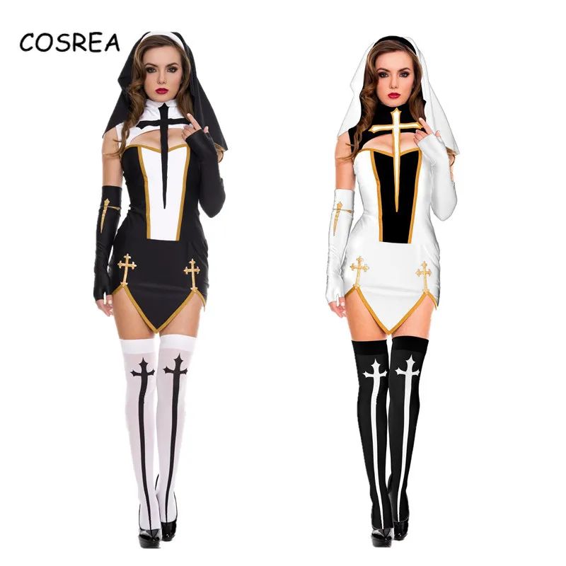 

Catholic Sexy Nun Costumes Outfits Virgin Mary Vintage Nun Fancy Dress Costume Ladies Black White Sleeveless Halloween