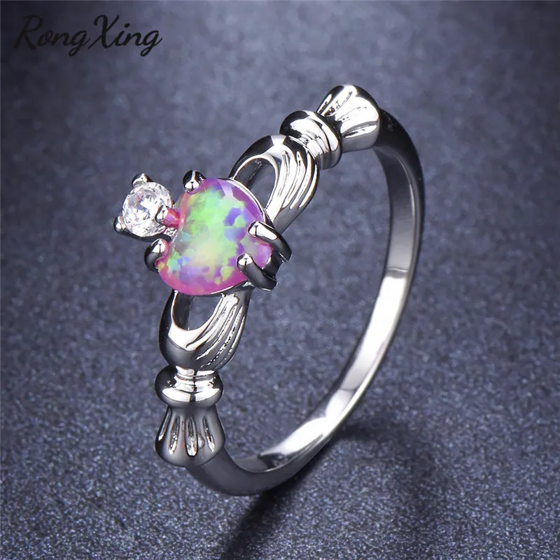 RongXing Mystic Purple Fire Opal Heart Rings For Women White Gold