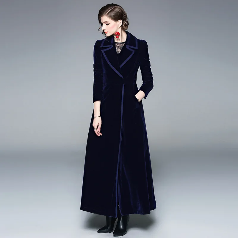 

Women Winter Long Dress Velvet Windbreaker 2019 New Winter Fashion Vintage X-Long Turn-down Collar A-Line Solid Coat Windbreaker