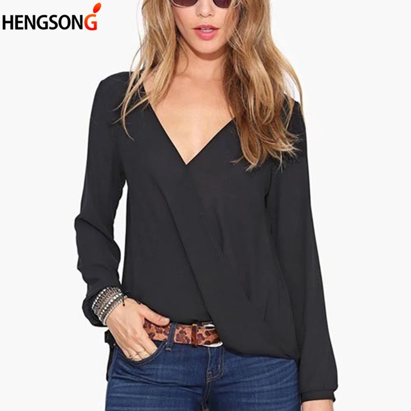 

New Women Loose Casual Shirt Long Sleeve V Neck Chiffon Blouse Women's Shirts Solid Color Asymmetric Blouse Summer Autumn Shirt