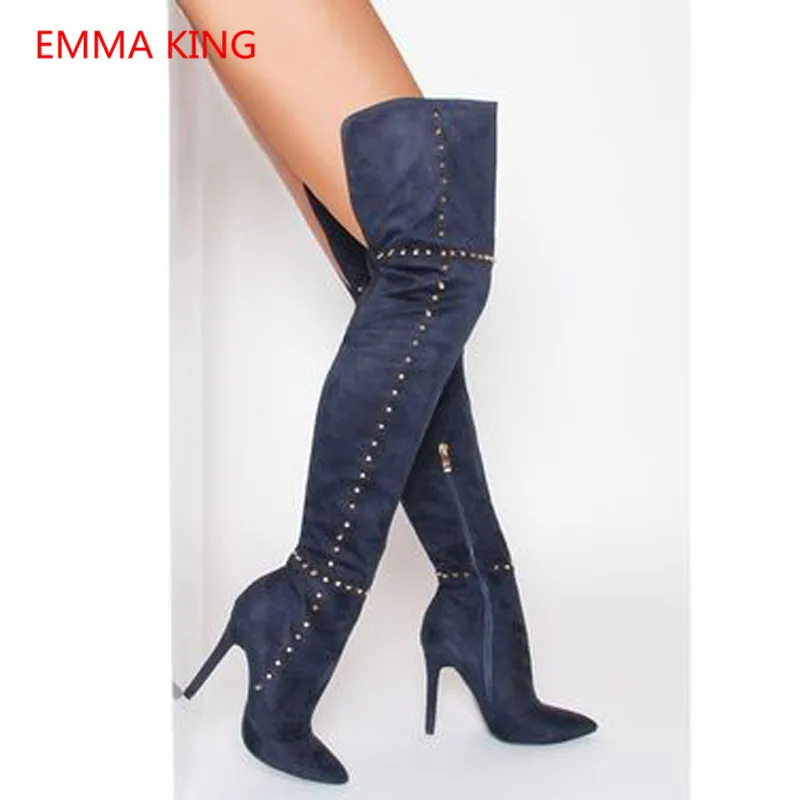 

2018 Winter Fashion Rivets Women Thigh High Boots Crotch Stiletto Sexy Female High Heels Shoe Flock Over The Knee Long Boots