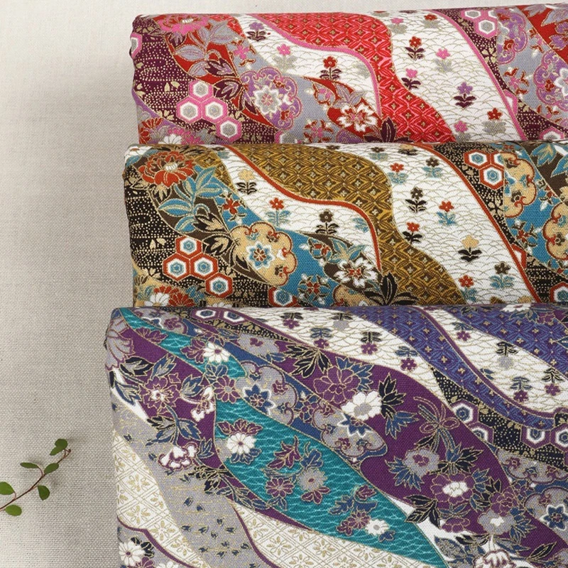 

floral patchwork linen cotton textiles gold embossed craft fabric 1yard*110cm