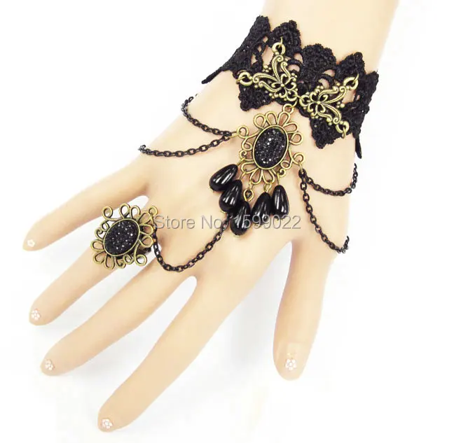 Handmade Black Lace Exotic Dress Bracelets Hand Jewelry With Ring