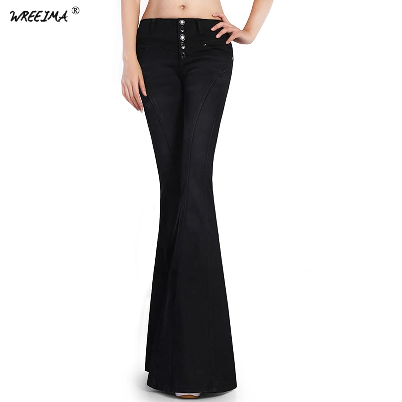 

Women Spring Slim Fit Mid Waist Wide Leg Jeans Stretch Scratched Skinny Full Length Jeans Bell-Bottom Pants Denim Trousers C082