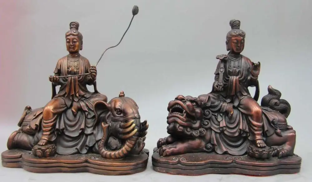 

Tibet Red Bronze Manjusri Foo Dog Lion Samantabhadra Bodhisattva Elephant Statue