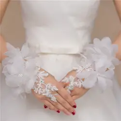 Без пальцев Короткие Кружева блестками свадебные перчатки элегантный белый красный Цветочная аппликация Свадебные перчатки Guantes Novia