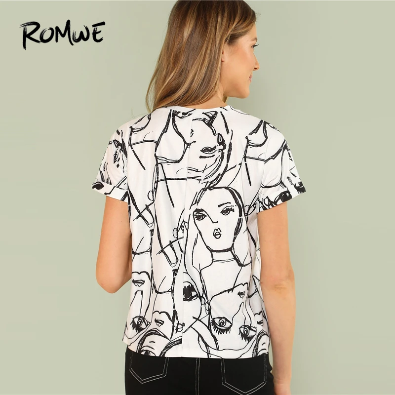 ROMWE Cartoon Print Tunic Top Casual Black And White Summer Short Sleeve Figure Women T-shirt Females Round Neck Tops