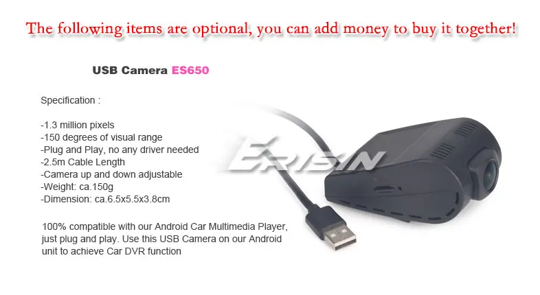 Erisin ES650 USB камера DVR со слотом для карт 1080P-6 Полный стеклянный звездный свет; ночное зрение Поддержка Android 8,0 и выше