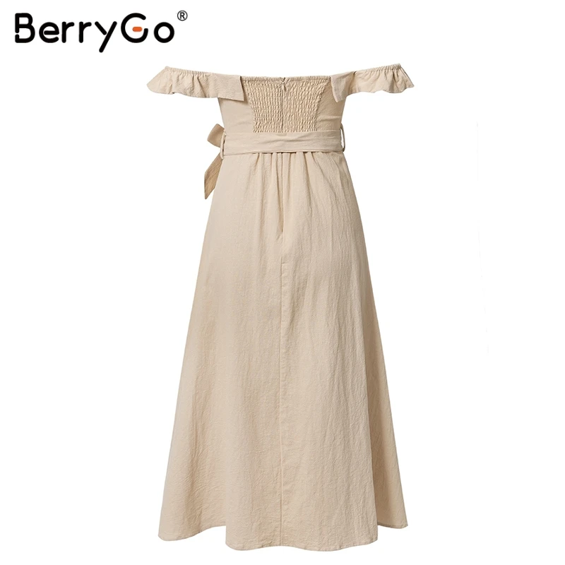 BerryGo Сексуальное женское платье с открытыми плечами, с рюшами, однотонное, на пуговицах, с поясом, летнее платье, эластичное, с высокой талией, платье для вечеринки, дамы миди платье