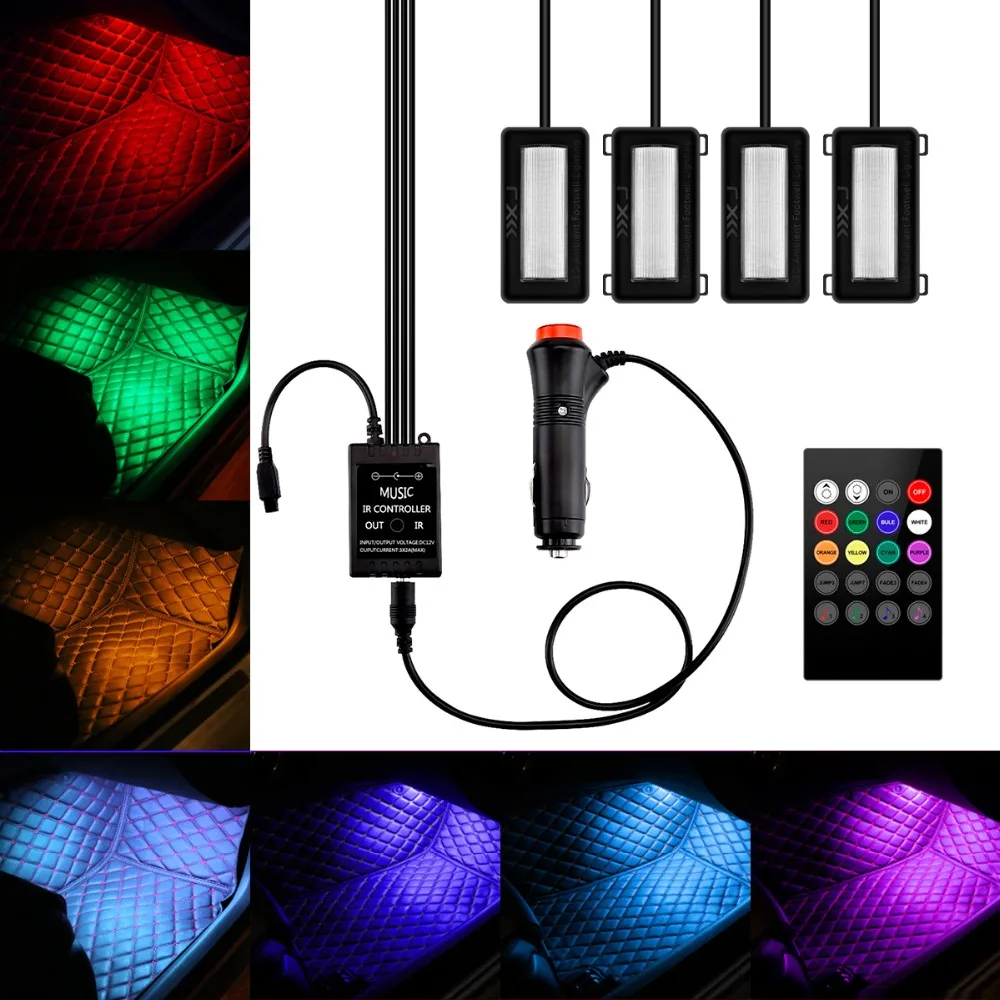 

4 in 1 LED Car Colorful Interior Atmosphere Light Auto Voice Control RC Controls RGB Floor Foot Decal Strip Lamp