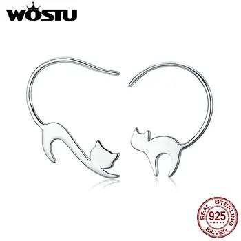

WOSTU 2020 Pure 925 Sterling Silver Asymmetry Animal Loving Cute Cat Hook Earrings Women Unique S925 Jewelry Girl Gift CQE073