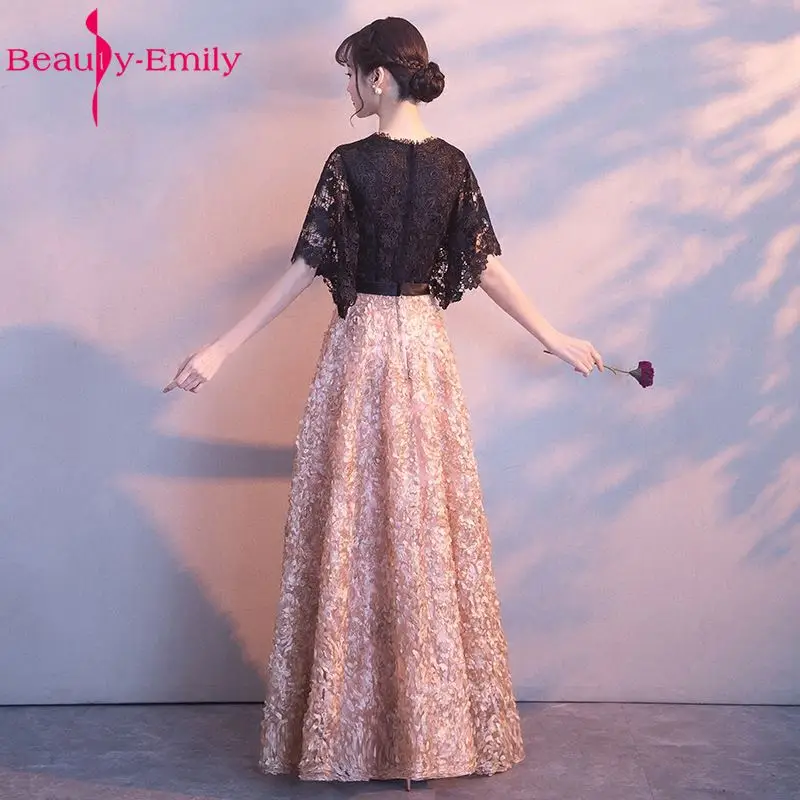 Beauty Emily Long Black Lace Evening Dresses 2017 Formal Party Occasion Prom Dresses A-line Half Sleeve vestido de noite Beauty Emily Long Black Lace Evening Dresses 2017 Formal Party Occasion Prom Dresses A-line Half Sleeve vestido de noite
