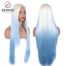 EEWIGS Glueless 2" Длинные прямые синтетические кружева спереди парик половина руки белый синий парики для женщин термостойкие слоистые Hime Cut