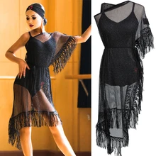 Новинка, платье для латинских танцев, черное Сетчатое платье с бахромой, для ча-сальсы-самбы, карнавальные костюмы, женская одежда для выступлений, DNV10190