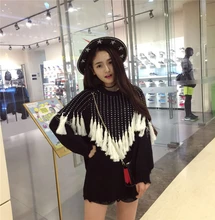 Black loose pullover font b sweater b font female 2016 autumn batwing sleeve tassel o neck