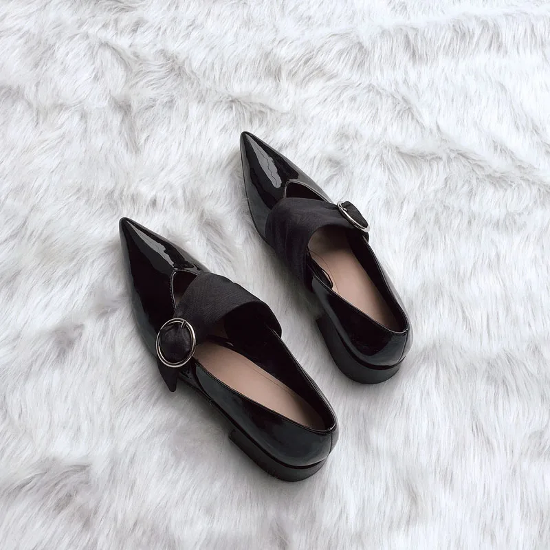 Pointu Nouvelles Avec Chaussures Dames 2018 Soie Ballet En Épaisses Cuir Verni Boucle a18wxqw