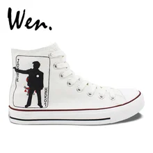 Вэнь белый ручная роспись парусиновые кроссовки Джокер покер Мужские Женские высокие парусиновые туфли Подарки для мальчиков девочек спортивные плимсоллы