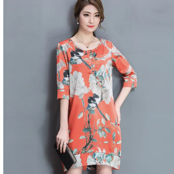 

Office Women Summer Dress 2019 Middle Age Women's Vintage Retro Knee-Length Dress Oversized Office Wear Floral Print Dress HJ50