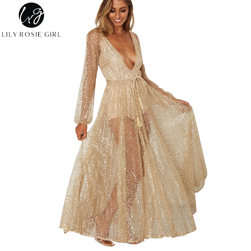 

Lily Rosie Girl Sequin Sexy Deep V Women Mesh Dress Long Sleeve Lace Up Bow Party Christmas Dresses Spring 2019 Vestidos