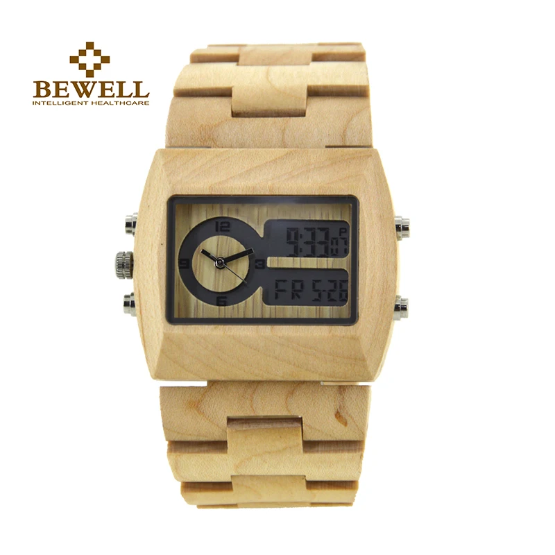 

Dual Display Wood Men Watches Double Time Zone Clock Week Date Display Rectangle Chronograph Watch Luxury BEWELL Life Waterproof