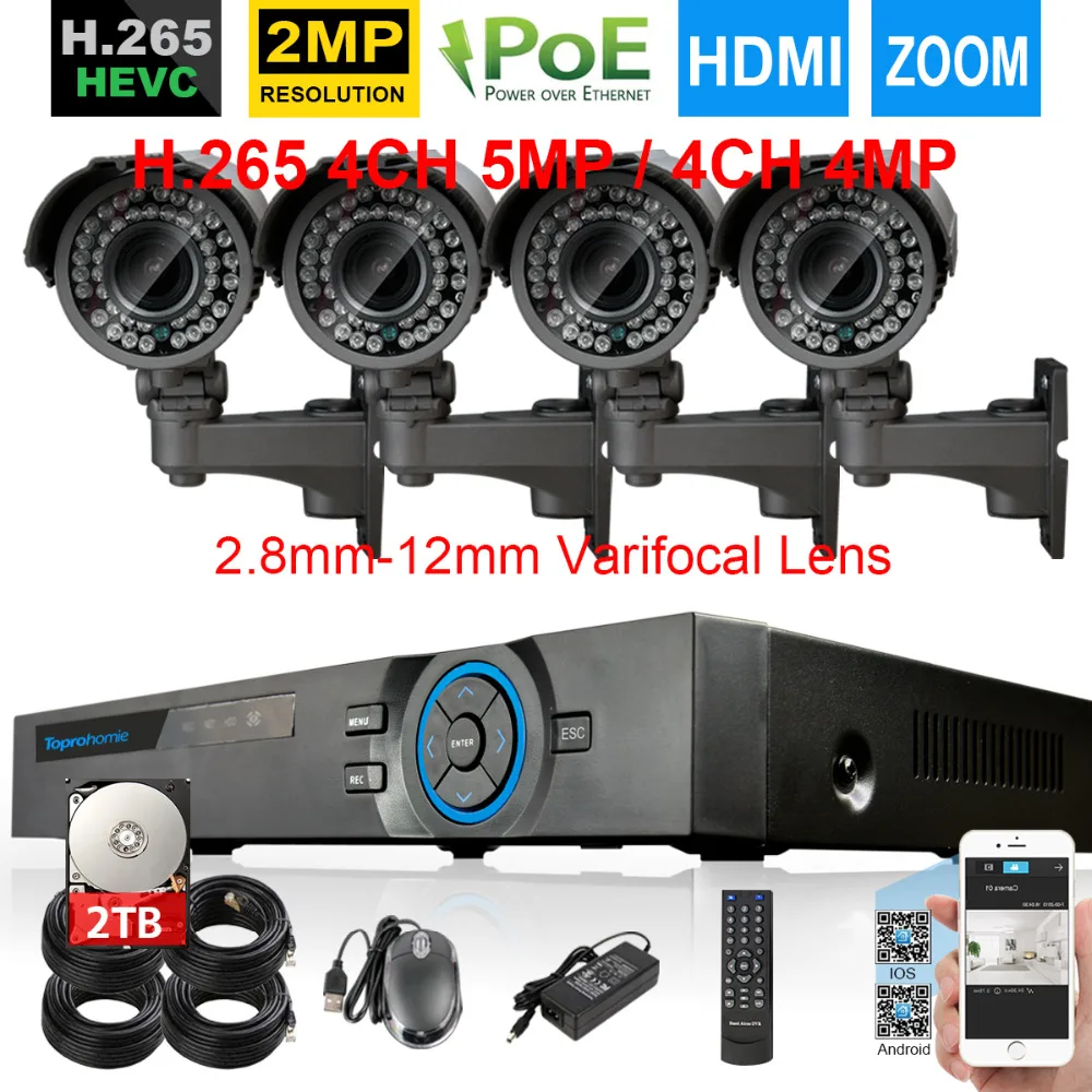 

H.265 4CH CCTV NVR System 48V 5MP POE NVR 4pcs security 2MP 1080P POE IP Camera with 2.8-12mm Zoom lens Video Surveillance set