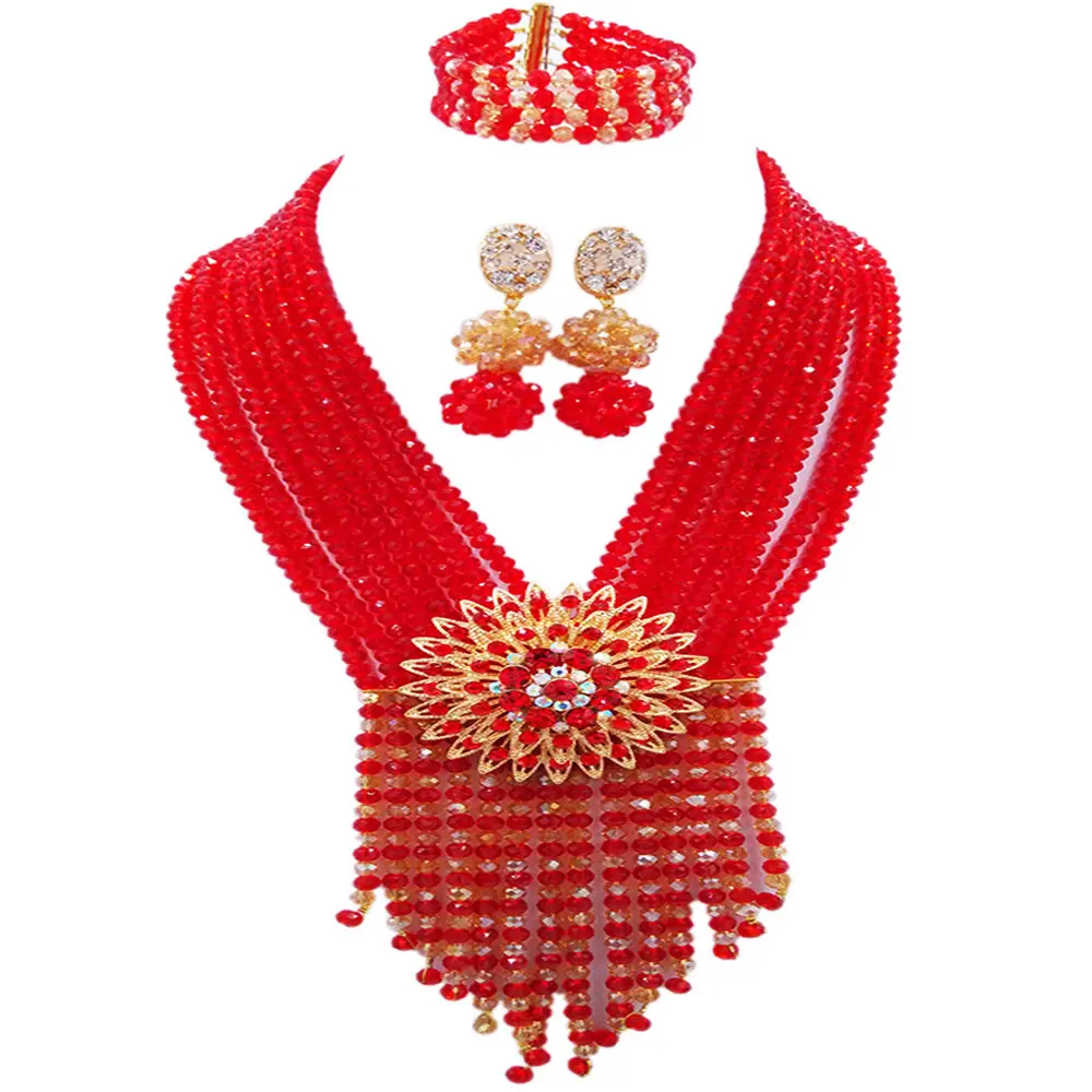 

Red Champagne Gold AB African Beads Jewelry Set Crystal Necklace Nigerian Wedding Accessories Party Jewelry Sets 8SK11