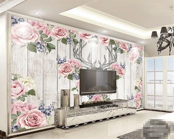 

Beibehang wallpaper for walls 3 d Custom 3D wallpaper wood grain roses deer head murals TV sofa background decorative wallpaper