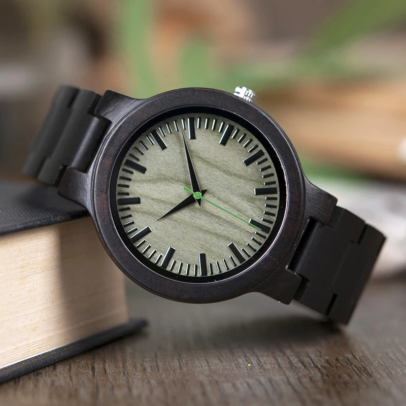 BOBO BIRD Bamboo Wooden Men Watch Relogio Quartz Wristwatch Male Green Face With All Wood Strap kol saati in Gift Box