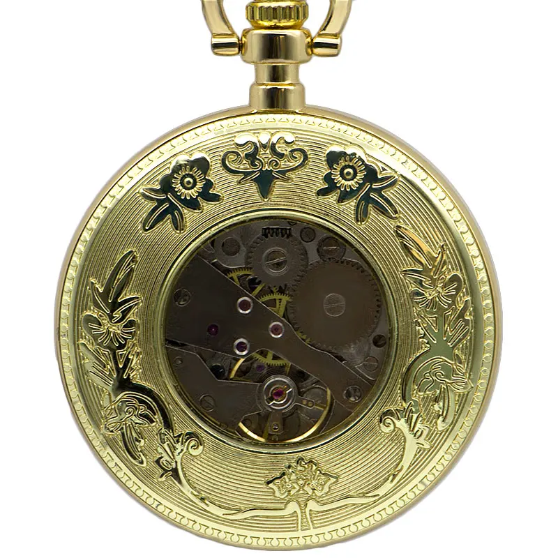 Весь золотой античный Медь карманные часы механические часы ручной Ветер Скелет Мужские карманные часы с цепочкой Подарочная коробка