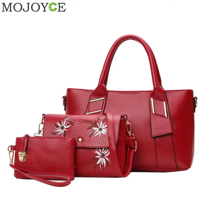 

3pcs/Set Fashion Women Handbag Embroider Flowers PU Leather Handbag Red Composite Bags Tote Elegant Female Crossbody Bags Clutch
