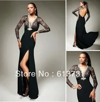 Free shipping modest black lace evening dresses long sleeve sexy front slit open back evening gowns 2013 new arrival tbe11331