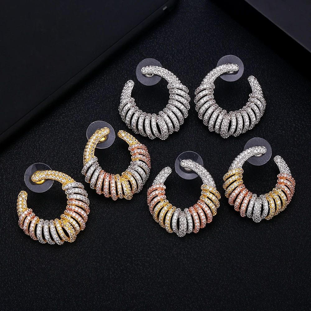 

janekelly NEW Trendy Luxury C Shape Flower Stud Earrings For Women Wedding Cubic Zircon CZ Bridal Earrings Bohemia Hot