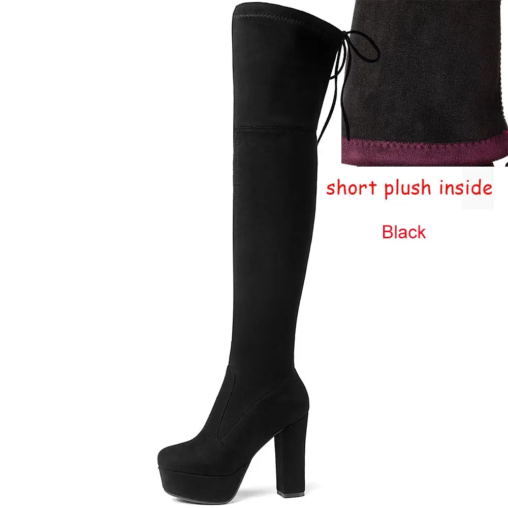 Размеры 34–43 Ботфорты женские ботфорты до бедра из искусственной замши на платформе стрейчевая тонкая стильная женская обувь женские зимние ботинки - Цвет: short plush black