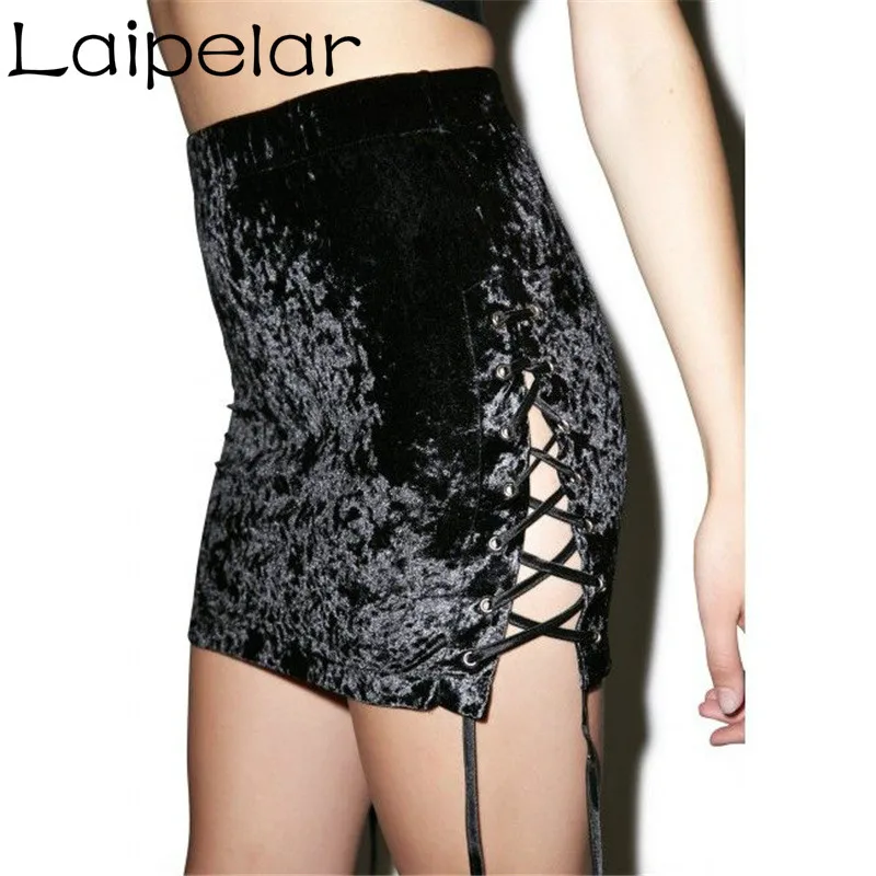 Women Velvet Skirt Side Split Lace-up Bandage Autumn Winter Women Skirt High Waist Elegant Lady Short Bodycon Skirts Womens