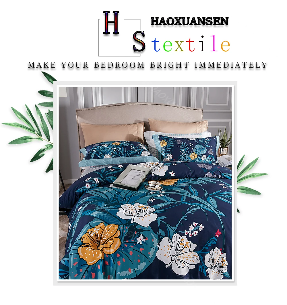 High Density 100S Bedding Sets Navy Blue Plant 3D Flower Printed 4pcs Bed Linen Set Cotton Double Bedsheet Set Queen King Size