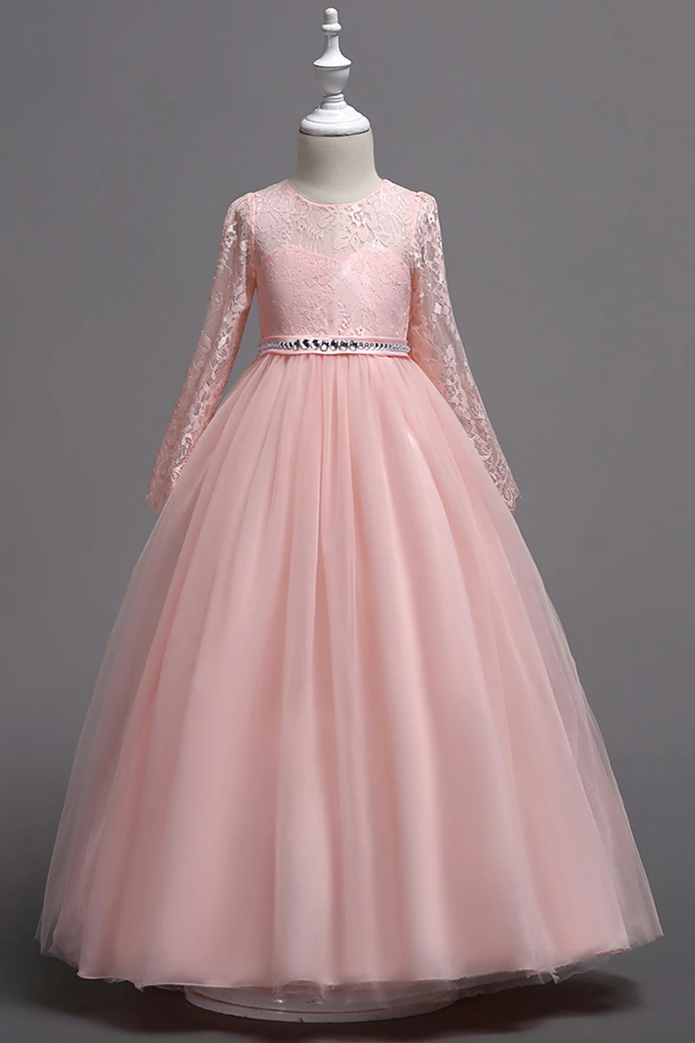 Новое поступление, розовое кружевное платье принцессы с длинными рукавами и цветочным узором для девочек, коллекция 2019 года, пышное платье