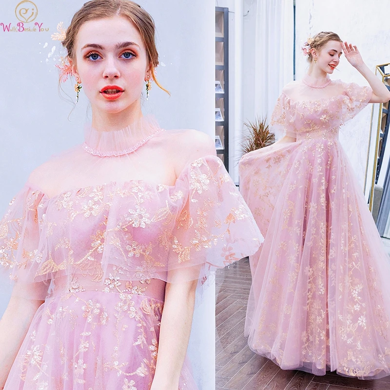 

Illusion Pink Prom Dresses 2019 Elegant Floor Length Long gala jurken Tulle Princess Appliques Formal Party Vestido Evening Gown